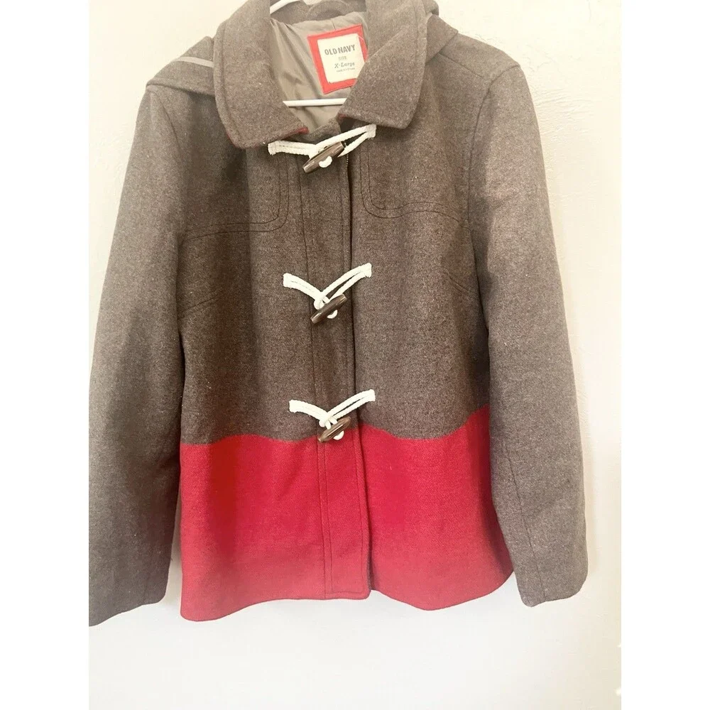 Old Navy Womens Wool Coat Hooded XL Brown Red Colorblock  Zip Toggle Jacket